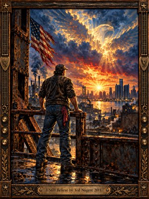 A lone workman stands on a rusted bridge overlooking Detroits industrial skyline beneath a fiery sunrise. Storm clouds form a luminous eagle above a weathered American flag. Dramatic oil brushwork blends steel blues, crimson, and molten gold, expressing resilience and defiant hope within an ornate, guitar-inspired bronze frame.