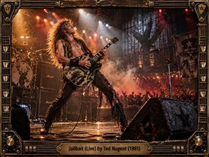 A wild-haired guitarist dominates a smoky concert stage, striking a powerful stance beneath blazing amber, red, and white spotlights. Towering amplifiers, drums, and cheering crowds amplify the rebellious atmosphere. Gritty cinematic photography captures raw performance energy, surrounded by an ornate weathered wooden frame featuring guitar strings, brass hardware, and engraved details.