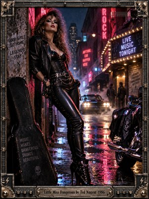 A leather-clad woman poses confidently in a rain-slicked city alley, surrounded by glowing rock-club signs, a motorcycle, and a battered guitar case. Crimson and cobalt neon ripple across wet pavement as mist gathers around distant headlights. Cinematic 1980s photography and an ornate metallic guitar-themed frame heighten the rebellious atmosphere.