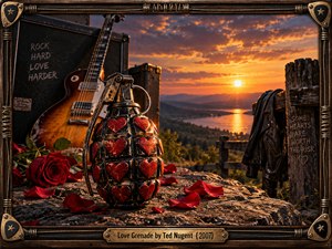 A weathered metal grenade decorated with red hearts rests among crimson roses on a rocky overlook. An electric guitar and amplifier stand nearby, while a leather jacket hangs from a rustic fence. Golden sunset light illuminates distant water and mountains, creating a rebellious, romantic atmosphere within an ornate guitar-inspired metal frame.