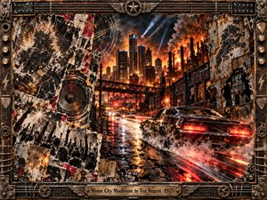 A roaring muscle car races through a fiery Detroit industrial landscape, surrounded by smokestacks, glowing skyscrapers, and wet streets reflecting crimson light. Torn concert posters, a guitarist, and speaker fragments create a rebellious mixed-media collage. Smoky orange illumination and a weathered guitar-inspired metal frame amplify the explosive atmosphere.