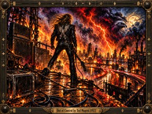 A lone long-haired rocker stands above a blazing industrial city, his guitar silhouetted against lightning and swirling violet clouds. Fiery orange highways curve through the skyline beneath a spectral eagle and pale moon. Coiled cables, battered amplifiers, and glowing reflections intensify the rebellious energy of this richly textured painting, enclosed in ornate bronze.