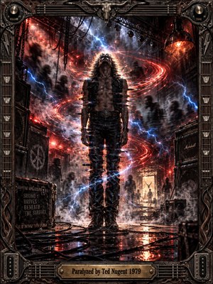 A motionless long-haired rocker stands amid a storm of crimson energy, blue lightning, and swirling smoke inside a dark industrial stage. Fiery backlighting illuminates his rigid silhouette while distorted shadows surround him. This dramatic digital artwork features gritty textures, amplifier stacks, reflective floors, and an ornate guitar-inspired metal frame.