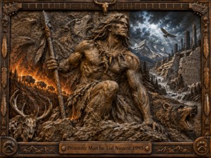 A muscular primitive warrior rises from rugged stone, surrounded by wolves, eagles, bison, and a roaring bear. Fiery orange wilderness contrasts with stormy blue mountains and distant industrial ruins. Dramatic lighting illuminates intricate bronze and carved stone textures, enclosed within an ornate guitar-inspired frame with an engraved title plate.