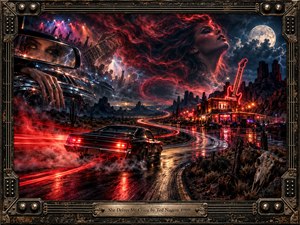 A black muscle car races along a rain-slick desert highway toward a neon roadhouse beneath a stormy moon. Crimson light trails curl through the scene as a spectral woman emerges from smoke and lightning. Guitar silhouettes, chrome reflections, and blazing stage lights heighten the seductive tension of this framed digital painting.