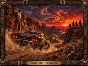 A snakeskin-striped muscle car roars down a dusty canyon road beneath a fiery crimson sunset, while shadowy cowboys watch from a ridge. Serpentine storm clouds coil above rugged cliffs, a horned skull, and a rattlesnake. Rich oil-painted textures and an ornate bronze guitar-string frame heighten the wild, rebellious atmosphere.