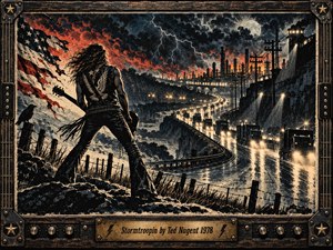 A defiant, long-haired guitarist overlooks a rain-soaked highway crowded with approaching trucks beneath lightning and a smoky industrial skyline. Crimson clouds, midnight blues, and glaring headlights create rebellious tension. Gritty vintage screen-print textures emphasize dramatic contrasts, while a weathered amplifier-inspired frame and engraved brass title plate complete the composition.