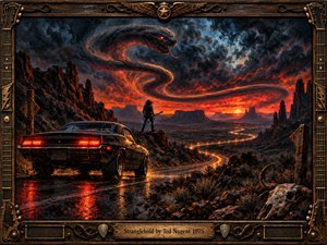 A lone guitarist surveys a winding desert highway beside a black muscle car as a giant storm serpent coils above a blazing sunset. Jagged mesas, red taillights, and rain-slick reflections deepen the ominous atmosphere. Richly textured oil brushwork contrasts fiery orange with midnight blue, enclosed by an ornate guitar-themed bronze frame.
