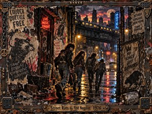 Four leather-clad youths prowl a rain-slick city alley beneath an elevated train, surrounded by torn posters, rat stencils, and rusted metal. Fiery sunset, amber streetlights, and electric neon illuminate reflective pavement. Gritty mixed-media collage textures, rebellious urban atmosphere, and an industrial guitar-inspired frame capture raw 1970s hard-rock energy.
