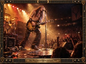 A wild-haired guitarist belts into a microphone on a smoke-filled arena stage, his sunburst guitar blurred with motion. Amber and crimson spotlights illuminate stacked amplifiers, drums, and a cheering crowd. Gritty, cinematic 1970s concert photography captures fierce urgency, framed by blackened metal, guitar strings, brass details, and an engraved title plate.