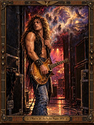 A long-haired guitarist stands in a shadowy backstage corridor, his amber electric guitar catching fiery stage light. Above him, ghostly faces, a soaring bird, and swirling violet clouds evoke unspoken thoughts. Rich oil-painted textures, glowing reflections, and a bronze guitar-themed frame create a dramatic, restless 1970s rock atmosphere.
