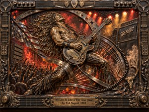 A muscular guitarist surges through a fiery concert scene, his windswept hair and raised instrument sculpted in weathered bronze. Sweeping steel ribbons, cheering silhouettes, amplifiers, and antlers surround him beneath blazing orange lights. Deep crimson smoke and metallic highlights intensify the wild energy, enclosed by an ornate, riveted guitar-inspired frame.