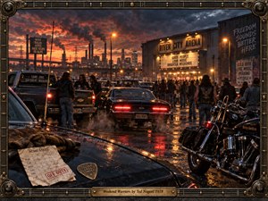 A rain-slicked industrial parking lot surges with weekend excitement as denim-clad crowds gather beside muscle cars and chrome motorcycles outside a glowing arena. Fiery orange sunset battles stormy blue clouds above distant smokestacks. Cinematic, grainy realism, shimmering reflections, and a guitar-inspired metal frame evoke rebellious 1970s rock energy.