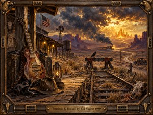 A weathered electric guitar rests beside an abandoned desert railway station as rusted tracks end beneath a watchful raven. Beyond distant mesas, a golden city glows beneath turbulent storm clouds. Dramatic amber lighting, earthy browns, and smoky shadows enrich the detailed oil painting, surrounded by an ornate, guitar-inspired bronze frame.
