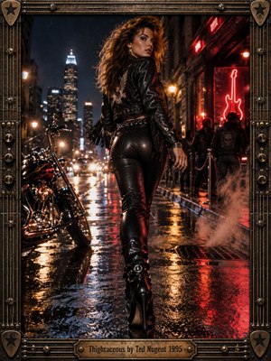 A confident woman in black leather strides through a rain-soaked city street, glancing back beneath glowing red neon. A chrome motorcycle, distant headlights, and rising steam heighten the rebellious nighttime atmosphere. Cinematic photographic realism blends amber reflections with deep blue shadows, enclosed by an ornate guitar-inspired metal frame.