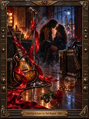 In a smoky backstage room, a long-haired couple embraces beneath moonlit city windows. A sunburst guitar and vintage microphone stand amid flowing crimson silk and tangled cables. Warm amber light contrasts with deep blue shadows across polished wooden floors. A fallen rose and ornate bronze frame complete this dramatic, romantic oil painting.