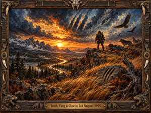 A lone wanderer stands beside watchful wolves on a rugged ridge overlooking distant mountains and a winding river. Fiery orange sunlight illuminates stormy blue clouds concealing a spectral wolf. Rich oil brushwork creates primal intensity, while carved wood, guitar strings, animal fangs, and an engraved brass plate frame the wilderness.