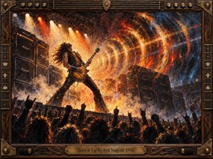 A wild-haired guitarist commands a smoky concert stage, surrounded by towering amplifiers and cheering silhouettes. Fiery orange and golden sound waves swirl beneath blazing spotlights against deep blue shadows. Expressive oil painting textures capture explosive 1970s rock energy, while an ornate wood-and-bronze frame with musical details completes the composition.
