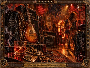 A sunburst guitar leans against towering amplifiers inside a smoky 1970s roadhouse, where dancers sway beneath crimson lights and a snarling panther mural. Amber reflections shimmer across whiskey, leopard print, and worn floorboards. Rich, textured oil painting and an ornate brass guitar-themed frame amplify the scenes reckless, electric swagger.