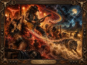 A wild-haired guitarist commands a blazing roadhouse as dancers whirl through ribbons of fire and dust. Motorcycles and a charging wolf race toward moonlit desert mesas. Fiery reds and amber contrast with stormy blues in this energetic oil painting, enclosed by an ornate guitar-inspired bronze frame and engraved title plate.