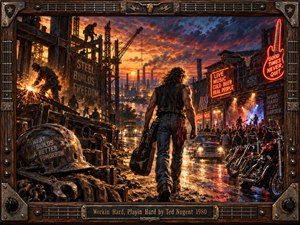 A rugged long-haired guitarist strides between a blazing steelworks and a neon-lit rock club at sunset. Welding sparks, motorcycles, cheering crowds, and wet pavement pulse beneath fiery orange and midnight blue skies. Rich oil-painted textures heighten the rebellious energy, while a weathered guitar-inspired wooden frame encloses the dramatic scene.