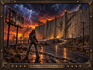 A lone guitarist confronts a towering, weathered wall beyond a winding, rain-soaked road. Lightning fractures violet storm clouds above fiery orange industrial ruins. Rusted signs and distant watchtowers deepen the ominous mood. Rich, textured oil painting and dramatic reflections fill the scene, enclosed by an ornate guitar-inspired metal frame.