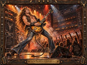 A wild-haired guitarist lunges across a smoky arena stage, his sunburst guitar blazing beneath fiery amber and crimson spotlights. Towering amplifiers and a roaring crowd surround him, capturing the raw frenzy of seventies hard rock. Rich, textured brushwork and dramatic shadows glow within an ornate bronze frame adorned with musical hardware.
