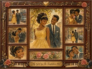 A warm 1960s romance unfolds through a nostalgic collage of a joyful young couple sharing tender moments in sunlit Detroit settings. Golden yellows, rose pinks, soft teal, and rich rosewood create a glowing vintage mood. Painterly oil, acrylic, and watercolor textures blend with roses, musical ornaments, and an engraved title plate.