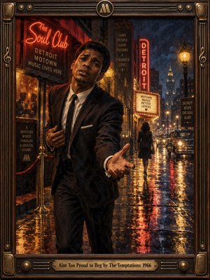 A sharply dressed man reaches forward on a rain soaked Detroit street outside a glowing soul club, his expression filled with longing and vulnerability. Warm amber lamps, red neon signs, vintage cars, and wet reflections contrast with the deep blue night. Rich painterly detail creates a dramatic 1960s Motown atmosphere.