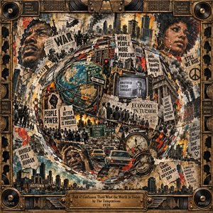A turbulent collage surrounds a battered globe with protest crowds, traffic, clocks, city skylines, television news, and torn headlines. Earthy browns, faded reds, turquoise, and black create a distressed 1970s atmosphere. Dramatic layered lighting and rough paper textures reinforce social unrest, urgency, division, and restless urban energy.