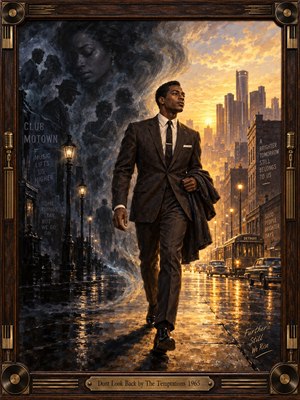 A determined man in a dark 1960s suit strides through rain-slick Detroit streets, leaving smoky memories and ghostly figures behind as golden sunrise floods the skyline ahead. Rich oil-paint textures, deep blues, amber reflections, vintage cars, glowing lamps, and a carved wood-and-brass musical frame create a soulful, hopeful atmosphere.