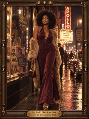 A stylish woman in a burgundy gown and fur coat strides along a rain-slicked city street glowing with amber theater lights and neon. Record-store windows, vintage cars, and reflected pavement create a soulful 1970s atmosphere. Cinematic photorealism, warm shadows, rich textures, and an ornate music-inspired frame heighten the romantic confidence.