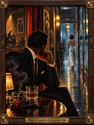 A solitary man in a dark 1960s lounge watches a woman in a shimmering silver gown walk away through a mirrored corridor. Warm amber lamps, deep reds, cool blues, smoke, reflections, and polished surfaces create a tense, melancholy atmosphere. Painterly brushwork and ornate musical framing heighten the sense of fading romance.