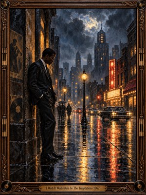 A solitary man in a dark suit stands beneath a storefront awning on a rain-soaked 1960s city street. Heavy clouds, glowing lamps, wet pavement, vintage cars, and distant pedestrians create a melancholy atmosphere. Warm amber reflections contrast with cool blue-gray rain in a richly textured, expressive oil painting framed with ornate bronze details.