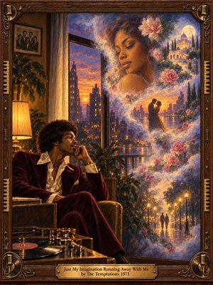 A soulful 1970s interior frames a solitary man in burgundy velvet, gazing toward a glowing city sunset as a luminous dreamscape rises beside him. Roses, moonlit architecture, embracing figures, and misty reflections blend into warm golds, blues, and violets, creating a romantic, wistful oil-painted vision of longing and imagination.