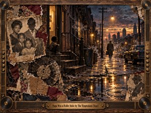 A rain-darkened city street glows beneath amber lamps as a solitary man walks into the distance, framed by crumbling family photographs, worn records, and torn paper textures. Deep browns, black, gold, and smoky blue create a mournful 1970s atmosphere of absence, memory, abandonment, and unresolved family history.