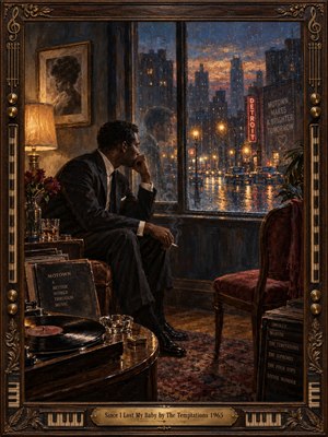 A solitary man in a dark suit sits beside a rain-streaked window overlooking glowing 1960s Detroit, surrounded by vinyl records, roses, warm lamplight, and an empty red chair. Rich blues, amber highlights, reflective streets, and textured oil brushwork create a deeply nostalgic mood of loneliness, memory, and elegant heartbreak.