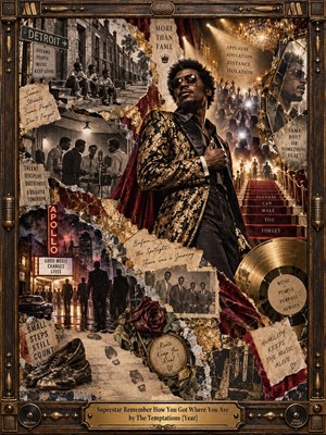 A stylish singer stands at the center of a richly layered Motown collage, surrounded by Detroit streets, studio memories, cheering crowds, red carpet stairs, theater lights, and a golden record. Warm bronze, black, crimson, and sepia tones create a reflective mood of fame, ambition, humility, and remembered beginnings.
