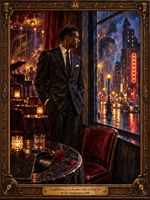 A solitary man in a dark suit stands beside a rain-streaked nightclub window, gazing toward a ghostlike woman reflected over glowing city streets. Warm amber lamps contrast with deep blues and crimson velvet. Painterly brushwork, a rose, record, and empty chair evoke heartbreak, memory, devotion, and lingering romantic loss.