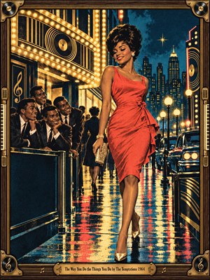A glamorous woman in a coral red dress strides along a rain-slicked 1960s city street as sharply dressed men admire her from a club entrance. Golden marquee lights, neon reflections, vintage cars, and deep blue night tones create a romantic Motown mood in a richly detailed retro illustration.
