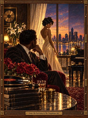 A richly detailed oil painting shows an elegant couple in a luxurious 1960s interior overlooking a glowing city at dusk. Warm gold, burgundy, cream, and midnight blue create a romantic, soulful mood. Roses, a record player, piano, reflective surfaces, and ornate brass-trimmed framing enhance the intimate Motown atmosphere.
