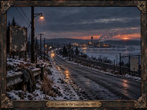 A bleak winter road curves toward a distant industrial town beneath heavy blue-gray clouds and a narrow amber sunset. Wet pavement, snow, rail lines, utility poles, a glowing streetlamp, and an abandoned coat deepen the mood of isolation and memory. Cinematic analog-style photography is enclosed by a weathered wood-and-metal frame with an engraved brass title plate.