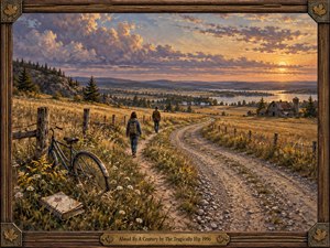 A nostalgic oil-painted countryside stretches beneath a glowing sunset, where two figures walk a winding gravel road through golden fields. A weathered bicycle, wildflowers, fences, distant barns, water, and blue hills deepen the reflective mood. Warm amber light, violet clouds, and a carved wooden frame evoke memory, distance, and quiet passage.