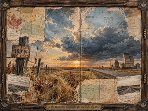 A weathered mixed-media prairie collage stretches beneath a storm-darkened sky, where golden grass, a lonely road, grain elevators, maps, and the 100W marker evoke distance and restless identity. Warm sunset light contrasts blue-gray clouds, while torn paper textures, rusted details, and the carved wood-and-metal frame deepen the nostalgic, windswept mood.