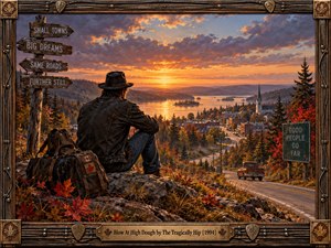 A lone traveler overlooks a small autumn town and winding river beneath a fiery sunset, creating a reflective, restless mood. Warm orange light illuminates forests, rooftops, and a distant church while a vintage truck follows the road below. Rich painterly detail, rustic signage, and an ornate musical frame evoke Canadian nostalgia.