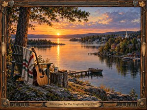 A tranquil lakeside town glows beneath a dramatic orange sunset, framed by rugged pines and rocky shoreline. An empty wooden chair, striped blanket, acoustic guitar, steaming mug, and journal create a reflective mood. Warm painterly light shimmers across calm water toward cottages, docks, boats, and a distant church steeple.