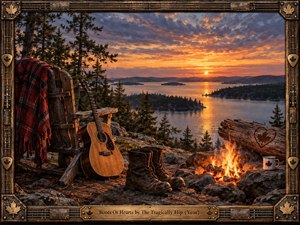 A rustic lakeside camp glows beneath a fiery sunset, with worn boots, an acoustic guitar, plaid blanket, and crackling fire overlooking forested islands. Warm orange light contrasts with cool blue water and clouds, creating a nostalgic, reflective mood. An ornate wood and metal musical frame completes the detailed cinematic artwork.