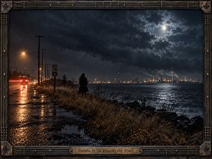 A solitary figure stands beside a rain-slicked shoreline road beneath a turbulent moonlit sky, facing distant industrial lights across dark water. Amber streetlamps and red taillight streaks contrast with cold blue-gray clouds, wet pavement, and windblown grass. Cinematic analog styling, dramatic reflections, and a weathered guitar-inspired frame deepen the brooding atmosphere.