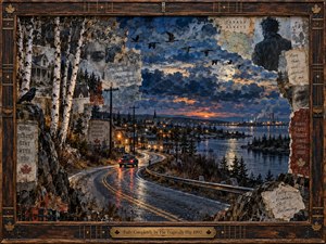 A rain-slicked road curves through a twilight Canadian lakeside town beneath a turbulent blue and amber sky. Layered collage fragments of faces, maps, handwriting, birds, birch trees, and distant industry create a reflective, restless mood. Weathered wood, bronze details, glowing lights, and torn textures give the scene cinematic depth and memory.