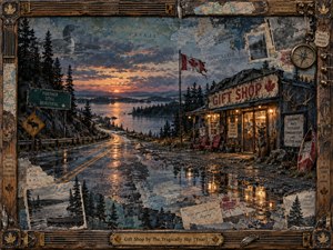 A weathered mixed-media collage shows a rain-slicked highway curving beside a northern lake toward a glowing roadside gift shop at dusk. Muted blues, browns, faded reds, and amber reflections create a wistful mood, while torn maps, postcards, Canadian symbols, guitar-string framing, and aged brass details evoke memory, travel, and identity.